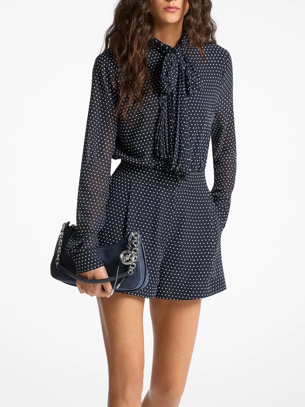Michael Kors Polka Dot Printed Georgette Tie-Neck
